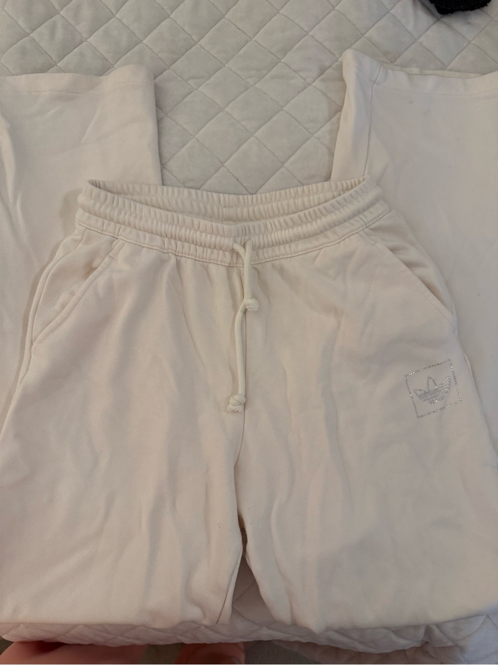 Adidas Rhinestone Logo Cream Drawstring Sweatpants